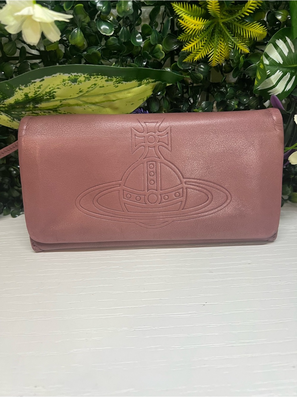 Vivienne Westwood Dusty Rose Leather Clutch with Embossed Orb